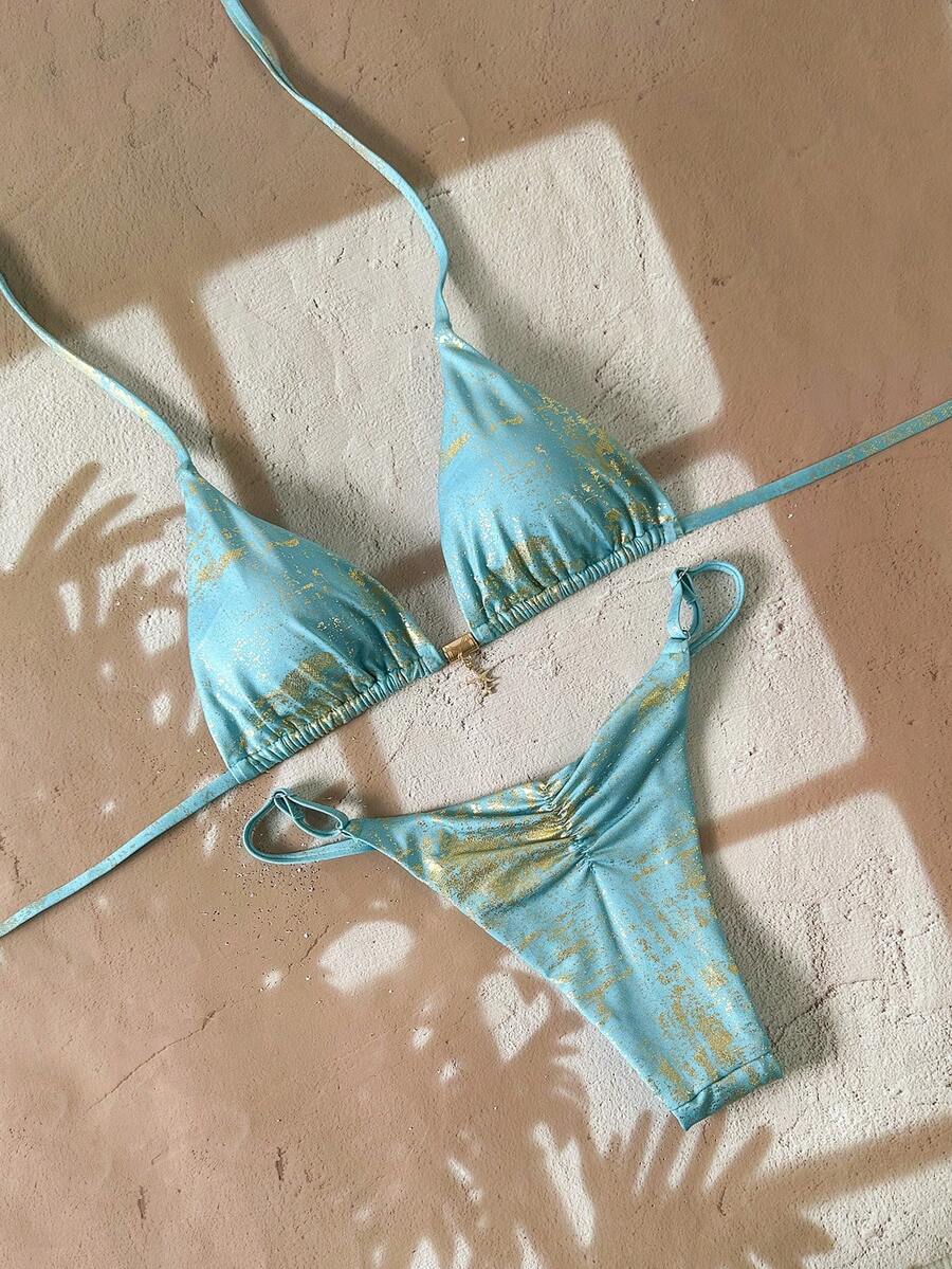Swim Vcay 2026 Spring/Summer Blue & Gold Metallic Spaghetti Strap Backless Side High Cut 2pcs Bikini Set Turquoise Bikini Aqua Bikini - Blue - View 1
