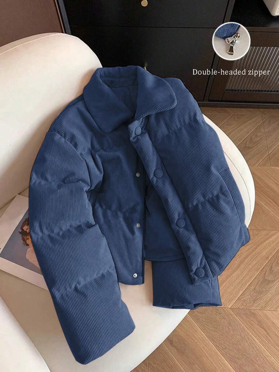 GlowEve معطف قطني مبطن بتصميم كوري فريد من نوع الكوردروي الوردي مع رقعات، ملابس خارجية متعددة الاستخدامات للنساء في فصلي الخريف والشتاء - أزرق بحري - مشاهدة 1