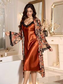 LuxeNights 两件套女士优雅印花缎面吊带连衣裙和睡袍睡衣套装 - 彩色 - 查看 3