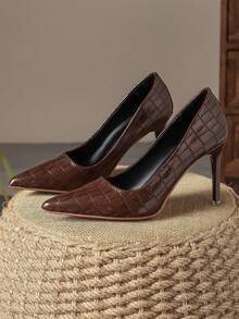 Ellevyn Tacones de aguja elegantes de 9 cm de color azul marino con punta puntiaguda y escote bajo cómodos para mujer, zapatos planos versátiles de tacón de bloque de color marrón vintage de alta calidad para vacaciones, viajes y salidas casuales - Marrón - Ver 4