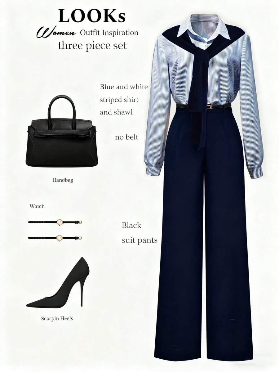 Franclia French Casual Commuter Versatile Fashion Blue & White Striped Long Sleeve Button-Up Shirt And Straight Wide Leg Pants, Spring/Autumn Women 2-Piece Set, Casual Business Suit, Daily Commute Outfit - Navy Blue - View 1