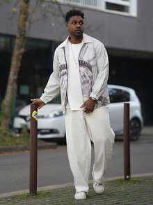 Heavens Edit 男士休闲拉链夹克，全身肖像印花，薄款，春秋季外套，长袖 - 灰色 - 查看 1