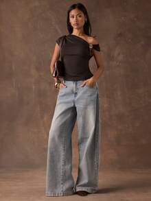 SHEIN BAE Women's Backless Lace-Panel Brown Asymmetrical Shoulder Fashion T-Shirt Front And Back Feature Contrasting Fabric Panels Stylish T-Shirt Perfect For Casual Outings, Sister Hangouts, Home Lounging, Or Layering Under Jackets Brown Lace Top - Burgundy - View 1