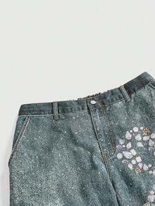 ROMWE Grunge Punk Grunge朋克街头亚文化复古少女蕾丝蝴蝶结水钻印花牛仔裤，大码女式宽松Y2K休闲牛仔裤 - 淺色水洗藍 - 查看 3