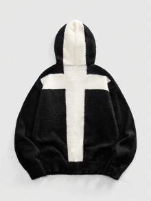 ROMWE MEN Goth Men's Patchwork Cross Print Half-Zip Hooded Sweater, Autumn/Winter - Black - View 1