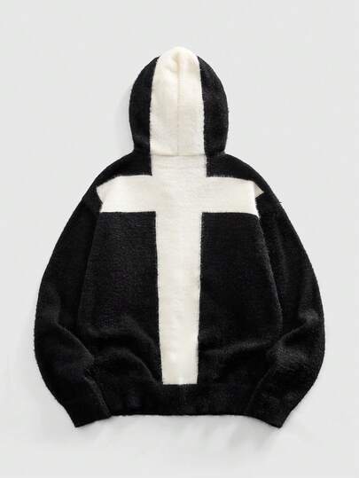 Street Life Men's Patchwork Cross Print Half-Zip Hooded Sweater, Autumn/Winter