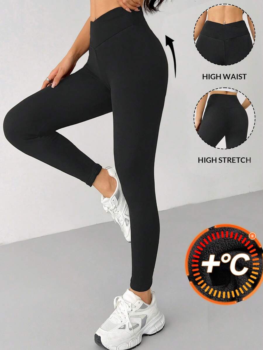 SHEIN Teen Girls High Waist Criss-Cross Waist Design Thermal Lined Thick Knit Leggings, Autumn/Winter