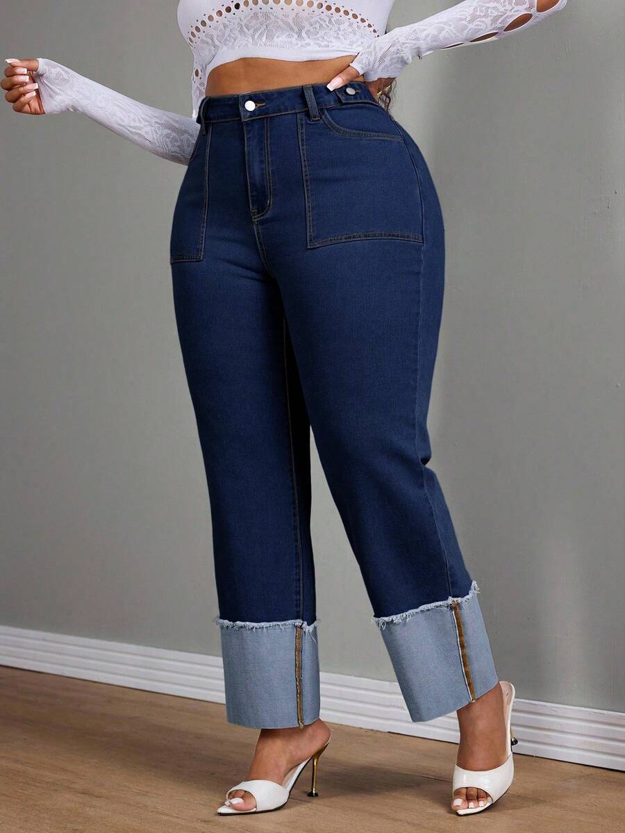 SHEIN CURVE+ جينز نسائي بحجم كبير ربيعي أزرق مع مرونة، حافة ممزقة، قصة ضيقة - أزرق داكن - مشاهدة 1