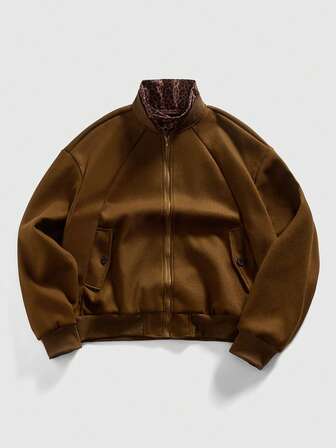 Men's Leopard Print Patchwork Zip-Up Casual Loose Jacket