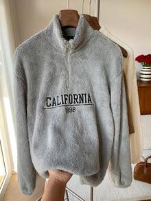 SHEIN EZwear 刺绣半拉链立领毛茸茸卫衣，带文字细节，秋冬长袖上衣