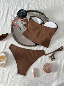 Swim Chiccia Metallic Sun Accent Ruched Waist Sexy & Elegant Women's Swimsuit Set - Brown - View 2