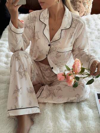 CottageSlumber Kadınlar için Günlük Çiçek Desenli Pijama Takımı, Tatil ve Kışlık Giyim İçin Uygundur