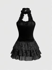 ROMWE Goth 哥特式宫廷浪漫奢华天鹅绒蕾丝荷叶边拼接系带腰身女装 - 黑色 - 查看 2