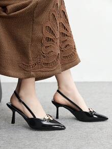 CUCCOO BIZCHIC 女士新款黑色漆皮金属扣尖头高跟鞋，细带凉鞋，优雅百搭，适合派对、圣诞节、新年夜等场合。 - 黑色 - 查看 2