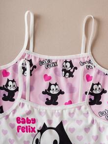 Felix The Cat X SHEIN Young Girl Cute & Comfortable Heart And Cat Print Base Layer Underwear - Pink - View 4