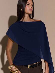 SHEIN BAE Áo len dệt kim cổ bẻ lệch vai cho nữ, áo len ôm dáng thanh lịch, mùa thu/đông - Màu xanh hải quân - Xem 7