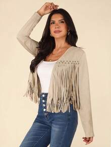 Coeurva Chaqueta de mujer de unicolor con flecos en el frente abierto para otoño/invierno - Caqui - Ver 4