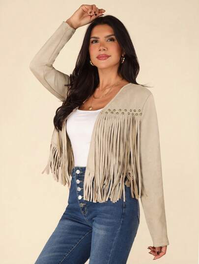Coeurva Women's Solid Color Fringe Trim Open Front Jacket In Fall/Winter