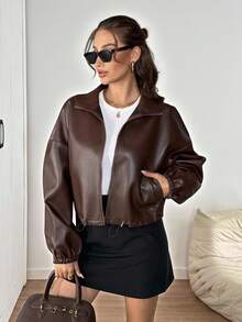 Easowa 女式复古休闲PU皮革拉链插肩夹克，秋季