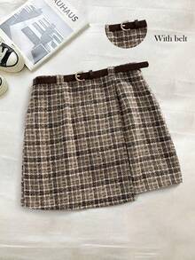 Franclia 返校季休闲百搭复古格纹柔软拉绒材质不对称下摆配腰带春秋卡其色女短裙女裙短裙女裙秋季女装秋装女装返校服