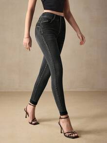 Selenza Jeans ajustados de unicolor con bolsillo y botón, versátiles y de moda - Negro - Ver 7