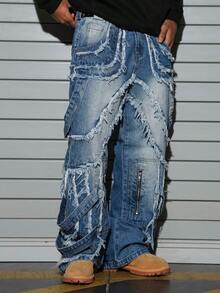 Manfinity EMRG 男士休闲街头风拼接毛边蓝色牛仔裤 - 中等水洗藍 - 查看 3