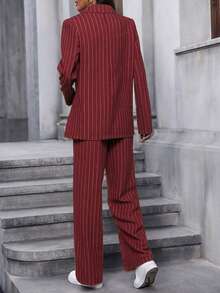 EMERY ROSE Women's Striped Lapel NeckLong Sleeve Jacket And Pants Casual Suit Set Woman Suit Blazer Set For Women Women Suits Two Pieces Outfits - Red - View 2