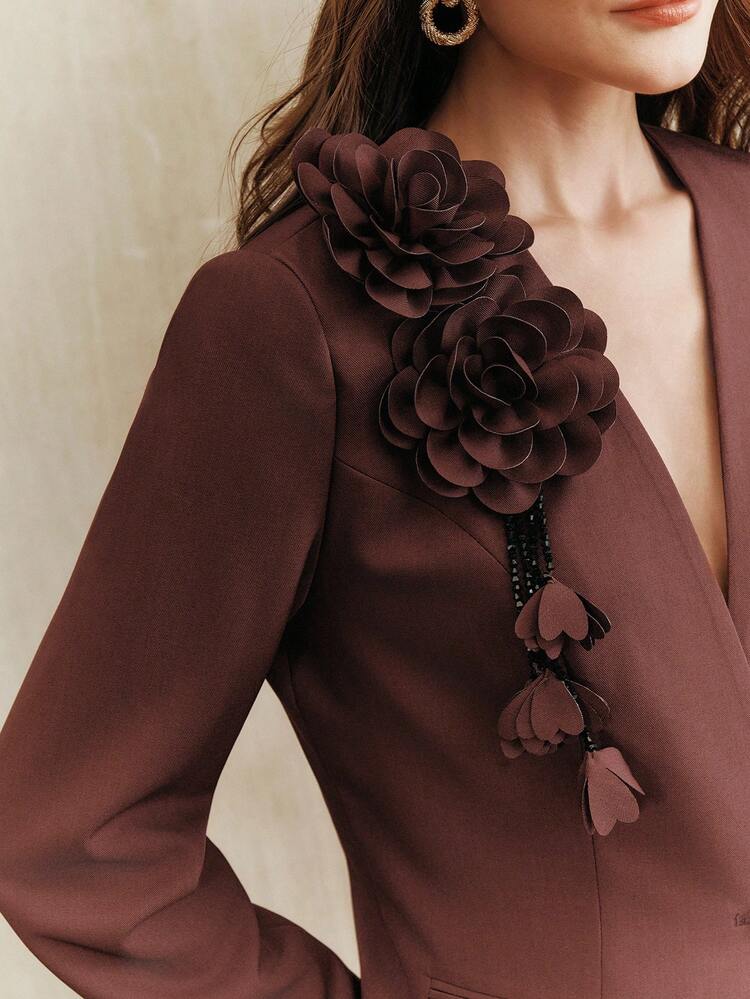 Blazer elegante e retrò da donna con decorazione floreale e vita stretta, top da festa