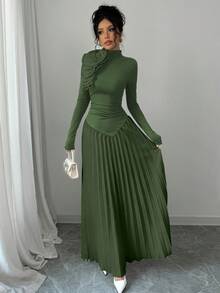 Elenzga 不对称褶皱撞色3D花朵装饰优雅女士连衣裙长款套装 - 橄欖綠 - 查看 6