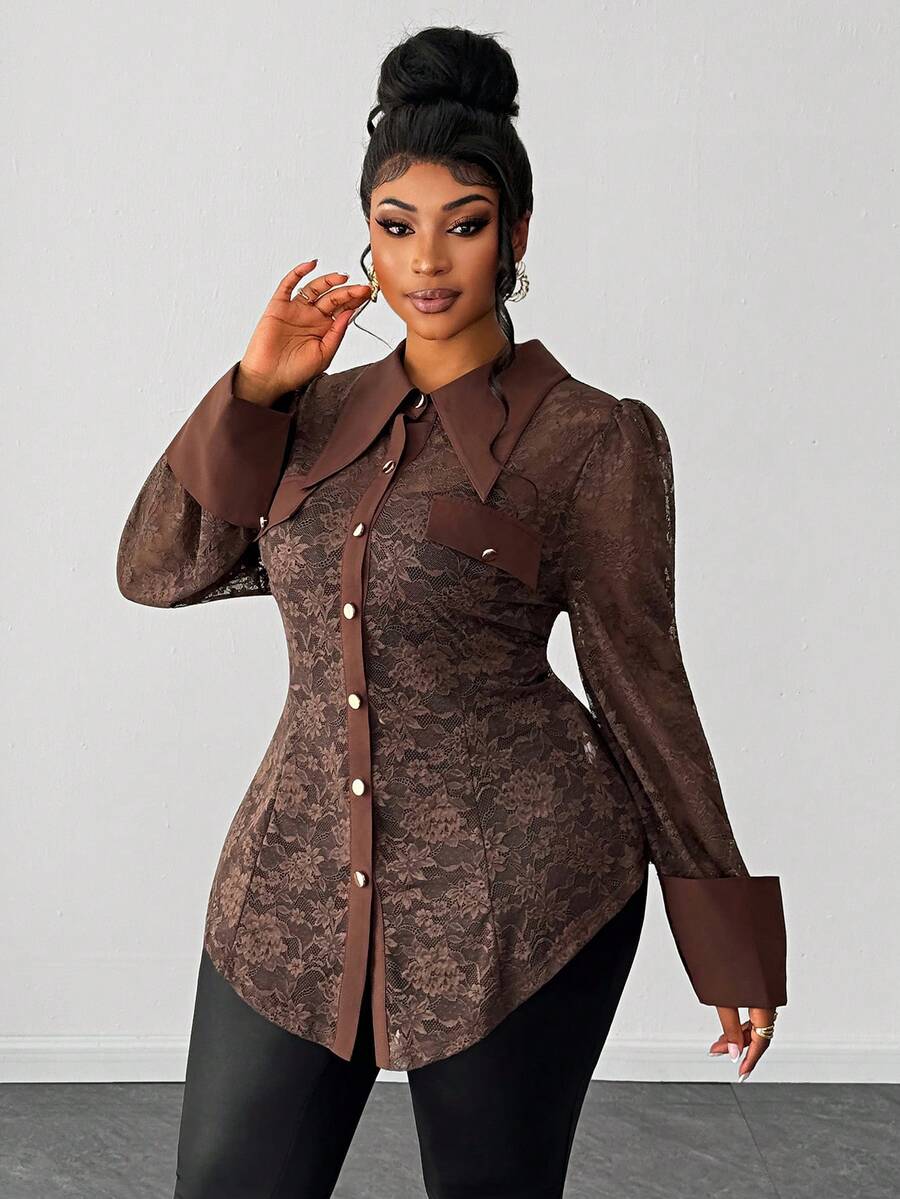 Maweii بلوزة كبيرة الحجم ذات أكمام طويلة مزينة بالدانتيل، أنيقة وجذابة، مصممة بطريقة متناسقة لإبراز الخصر - بني - مشاهدة 1