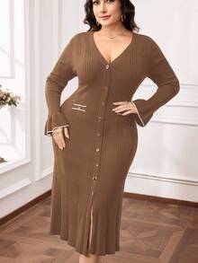 Modelyn Plus Size Elegant Bell Sleeve Knit Dress, Suitable For Commuting In Fall/Winter - Camel - View 7