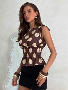 Aloruh Áo ba lỗ chấm bi xếp ly rút dây thanh lịch dành cho quý cô trẻ trung, màu nâu - màu nâu - Xem 4