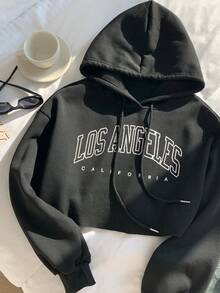 Comfortcana 秋冬字母图案落肩短款抽绳连帽衫、长袖上衣 - 黑色 - 查看 7