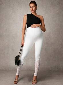 MaterniChic Adjustable High Waist Contrast Lace Leggings, Elegant & Suitable For Pregnant Women, Office Commute & Daily Wear - White - View 6