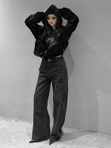 DAZY Women's Washed Denim Jeans, Loose Design Slimming Floor-Length Cargo Pants - Dark Grey - View 8