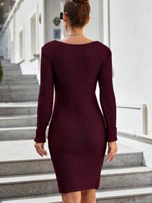EURMUSE Women's Elegant Solid Color Fitted Knit Dress, Suitable For Commuting, Autumn/Winter Office Going Out Burgundy - Burgundy - View 2