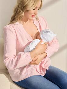 SHEIN 孕妇衬衫，长袖，V领，半开襟，前襟纽扣，腰带，宽松版型上衣 - 淺粉色 - 查看 8