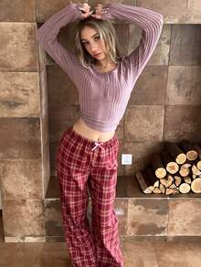 SHEIN 2pcs Women Casual Solid Color Round Neck Half Button Long Sleeve Top And Plaid Print Pants Pajama Set Winter Clothes - Dusty Pink - View 6