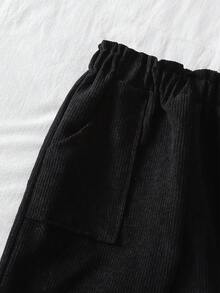 SHEIN Quần ống đứng màu đen, chất liệu nhung kẻ dày dặn, cạp chun xếp ly, có túi, thích hợp cho bé gái tuổi teen. - màu đen - Xem 4