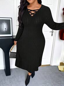 EMERY ROSE Plus Size Ribbed Knit Elegant Cocktail Party Evening Casual Criss-Cross Long Sleeve Fitted Sexy Mature Dress - Black - View 3