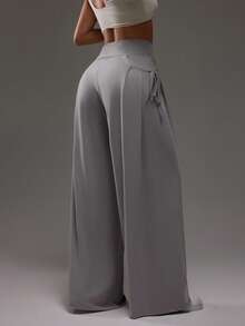 Dewbera Women's Ruched Casual Mesh Sports Pants, Spring/Autumn Wide Leg Yoga Pant Palazzo Pants Women - Grey - View 2