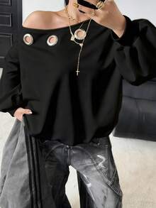 POPSWAY Damen Große Größen Schräg-Schulter Sweatshirt mit Metallösen, lässiger, bequemer Streetstyle Sweatshirt-Jacke, Herbst/Winter - Schwarz - Übersicht 4