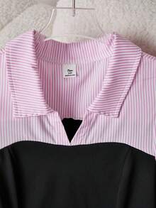 SHEIN Streelcool 条纹拼接女式衬衫，泡泡袖，灯笼袖口，适合春秋季日常通勤、休闲和度假穿着。 - 彩色 - 查看 6