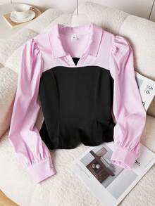 SHEIN Streelcool 条纹拼接女式衬衫，泡泡袖，灯笼袖口，适合春秋季日常通勤、休闲和度假穿着。 - 彩色 - 查看 7