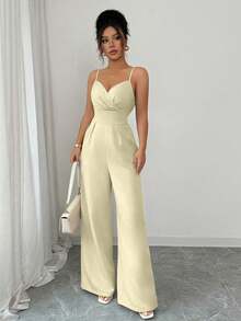 Elenzga Damen einfarbiger Spaghetti-Träger gekreuzter Wickel-ärmelloser plissierter eleganter einfarbiger Jumpsuit mit geraffter Taille - Aprikosenfarben - Übersicht 5