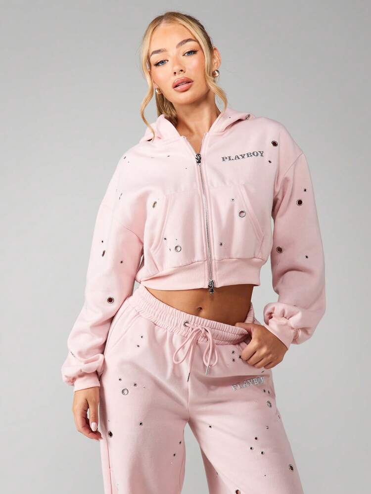 Missguided x Playboy Distressed Pink Pullover Sweatshirt With Metal Eyelets Crew Neck Long Sleeve Casual Fall Winter Loungewear