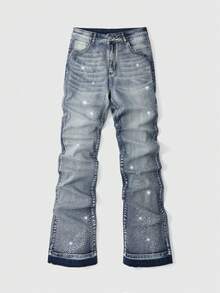 ROMWE MEN Quần Jeans Denim Nam Đa Năng Có Túi Đính Đá Rhinestone Trang Trí Thường Ngày - Màu xanh lam - Xem 1