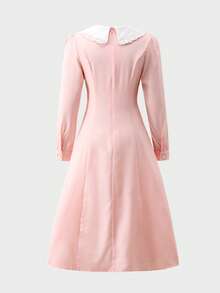 1 pieza Vestido de manga larga elegante y cómodo con cuello de volantes, lazo y encaje, versátil y femenino, apropiado para uso diario en primavera/otoño - Multicolor - Ver 2