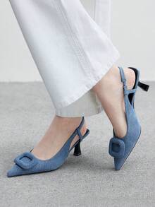 CUCCOO BIZCHIC Women's Pointed Toe Slip-On Stiletto Heel Backless Ankle Strap Sandals, Minimalist & Fashionable High Heels For Christmas - Blue - View 9