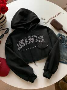 Comfortcana 秋冬字母图案落肩短款抽绳连帽衫、长袖上衣 - 黑色 - 查看 3